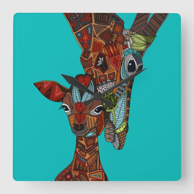Relógio Quadrado turquesa do amor do girafa (Frente)