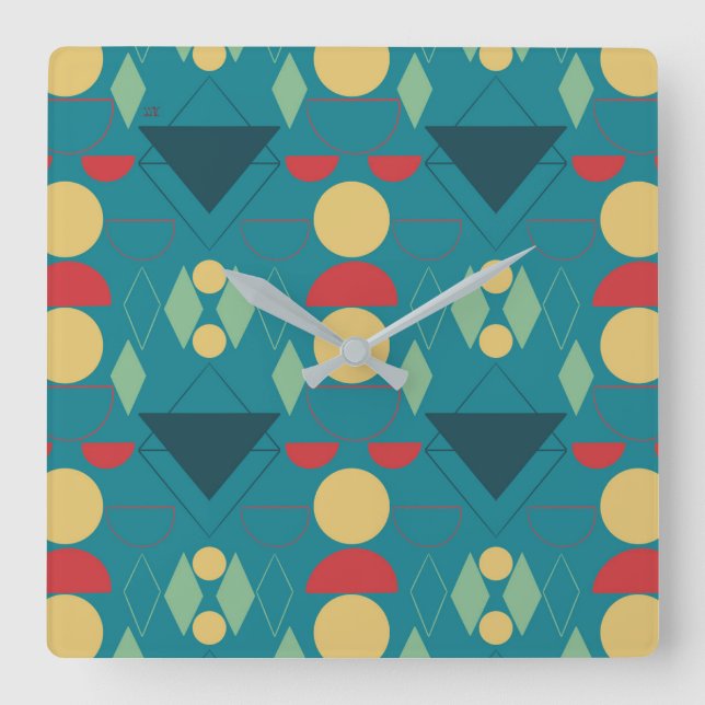 Relógio Quadrado Turquesa Geométrica do meio século  (Frente)