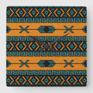 Relógio Quadrado Turquesa Laranja Sudoeste Tribal Aztec Design