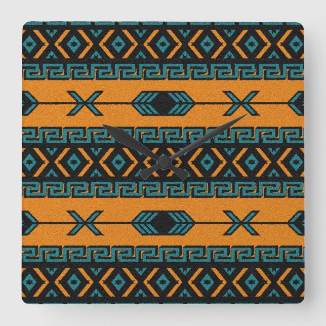 Relógio Quadrado Turquesa Laranja Sudoeste Tribal Aztec Design (Frente)