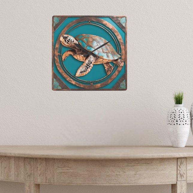 Relógio Quadrado Turquoise and Copper Framed Sea Turtle wall clock (Criador carregado)