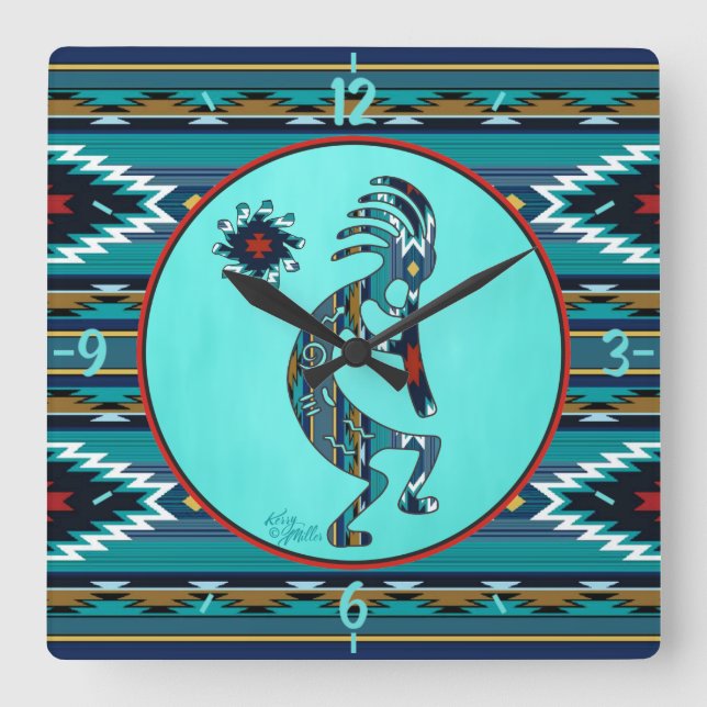Relógio Quadrado Turquoise Kokopelli Large Wall Clock (Frente)