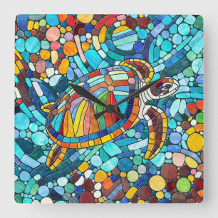 Relógio Quadrado Turtle Colorful mosaico art