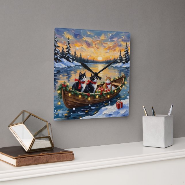 Relógio Quadrado Tuxedo Cat Christmas Boat Holiday (Escritório)