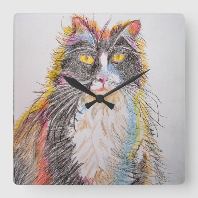 Relógio Quadrado Tuxedo Gato - Ilustração de desenho Art Wall Clock (Frente)
