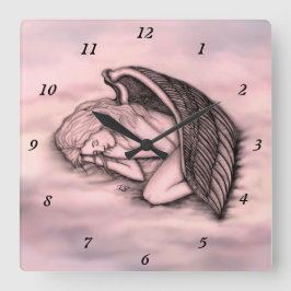 Relógio Quadrado Um anjo dormindo no céu nuvens em rosa