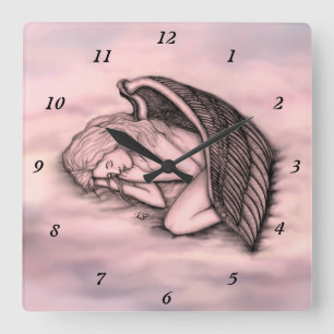 Relógio Quadrado Um anjo dormindo no céu nuvens em rosa