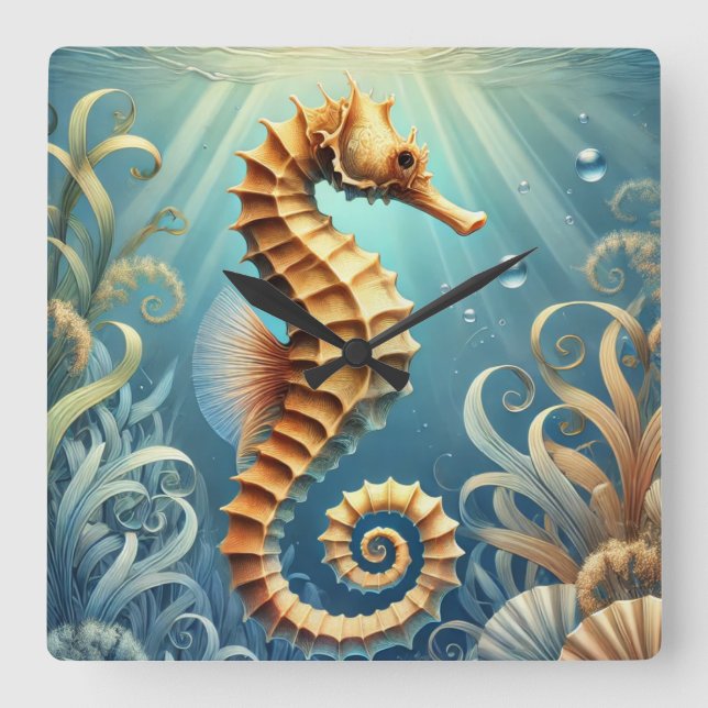 Relógio Quadrado Um elegante cavalo marinho nadando debaixo d'água (Frente)