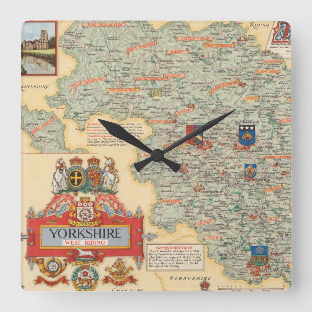 Relógio Quadrado Um mapa de Yorkshire: Equitação ocidental (Frente)
