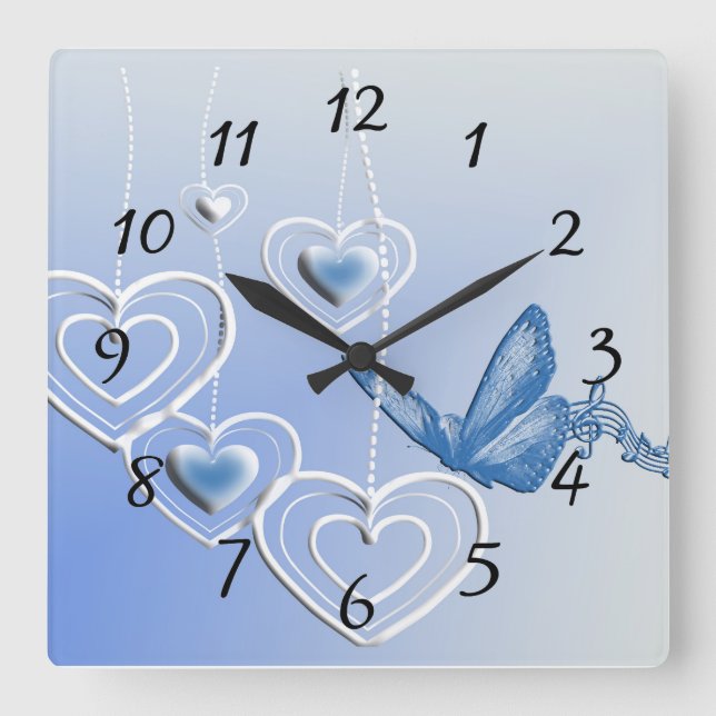 Relógio Quadrado Uma borboleta e corações (Frente)