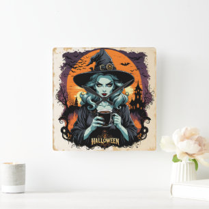 Relógio Quadrado Uma bruxa cria magia sob uma lua de cheio