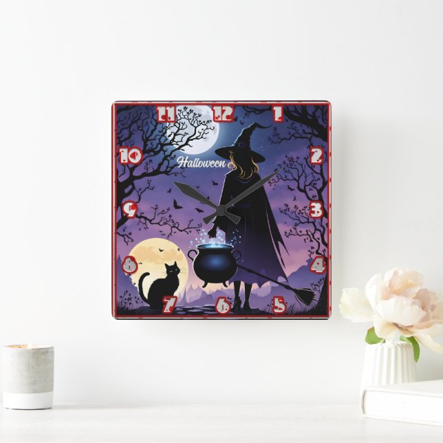 Relógio Quadrado Uma bruxa faz poções debaixo da lua de cheio (Lar)