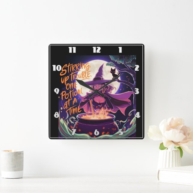 Relógio Quadrado Uma bruxa fazendo poções sob a lua de cheio (Lar)