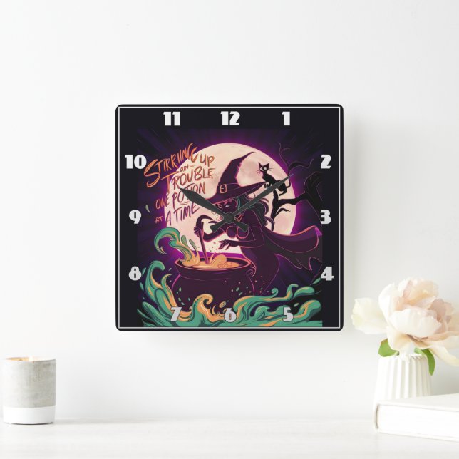 Relógio Quadrado Uma bruxa fazendo poções sob a lua de cheio (Lar)