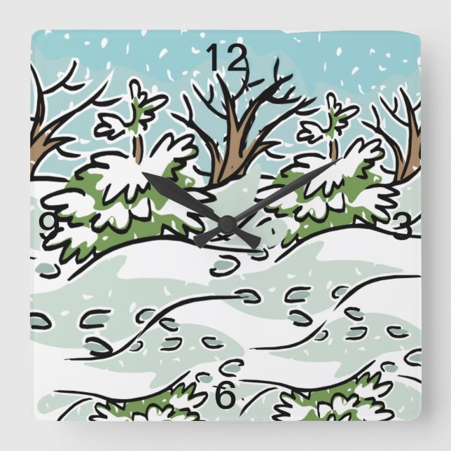 Relógio Quadrado Uma Floresta Neve - (Frente)