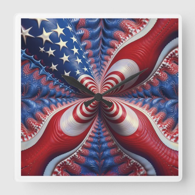 Relógio Quadrado Uma Mistura Da Bandeira Americana E Um Fractal (Frente)