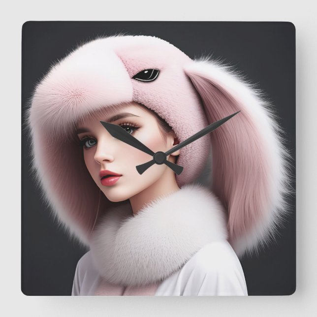 Relógio Quadrado Uma mulher vestindo um chapéu de coelho (Frente)