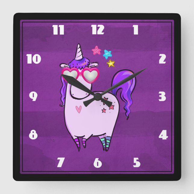Relógio Quadrado Unicórnio Bonito em Óculos Formatados pelo Coração (Frente)