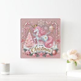 Relógio Quadrado Unicórnio Rosa do Natal País das Maravilhas