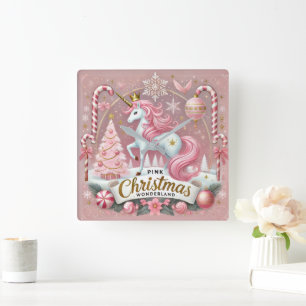 Relógio Quadrado Unicórnio Rosa do Natal País das Maravilhas