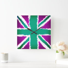 Relógio Quadrado Union Jack Art Purple Tones Wall Art