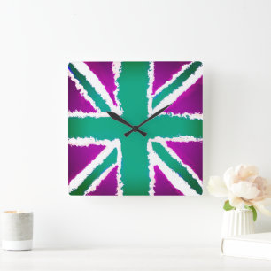 Relógio Quadrado Union Jack Art Purple Tones Wall Art