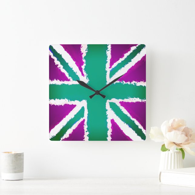 Relógio Quadrado Union Jack Art Purple Tones Wall Art (Lar)