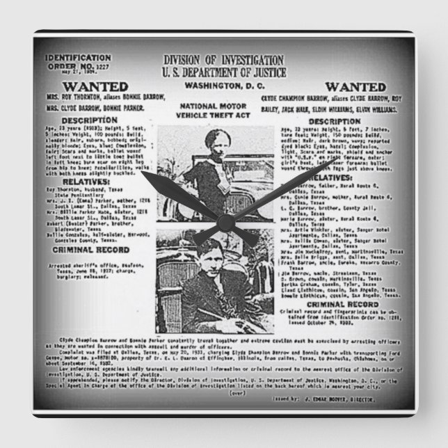 Relógio Quadrado Unique Bonnie & Clyde /wall clock (Frente)