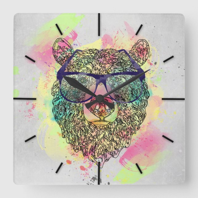 Relógio Quadrado Urso de aquarela legal com óculos design (Frente)