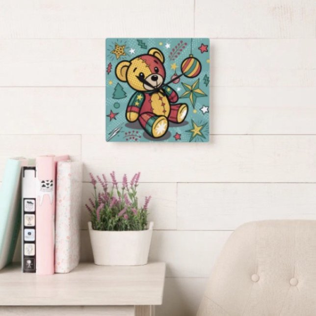 Relógio Quadrado Urso de Natal em Patchwork Caprichoso (Wall Clock backside hanging slot  non-ticking design. 2 sizes: 8" diameter or 10.75" diameter.)