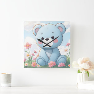 Relógio Quadrado Urso de pelúcia azul fofo no jardim