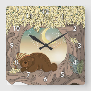 Relógio Quadrado Urso Dormindo na Floresta sob o Cartoon da Lua