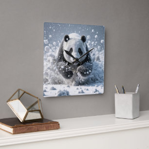 Relógio Quadrado Urso Panda Correndo Na Neve