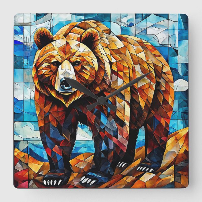 Relógio Quadrado Urso Pardo 🐻✨ Mosaico Rústico da Floresta Arte da (Frente)