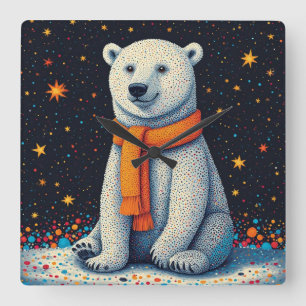 Relógio Quadrado Urso Polar Caprichoso com Cachecol Laranja