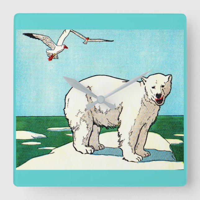 Relógio Quadrado urso polar e gaivotas (Frente)