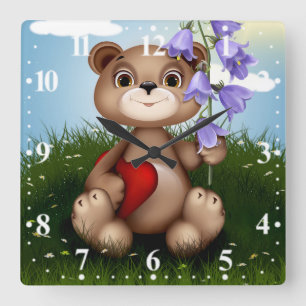 Relógio Quadrado Urso Segurando Buquê Flor-30926