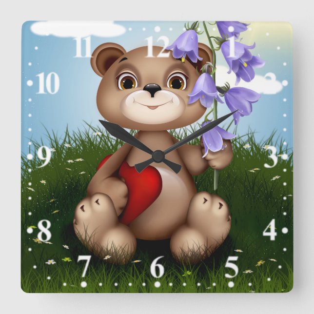 Relógio Quadrado Urso Segurando Buquê Flor-30926 (Frente)