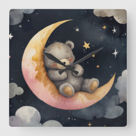 Relógio Quadrado Urso Sonolento na Lua