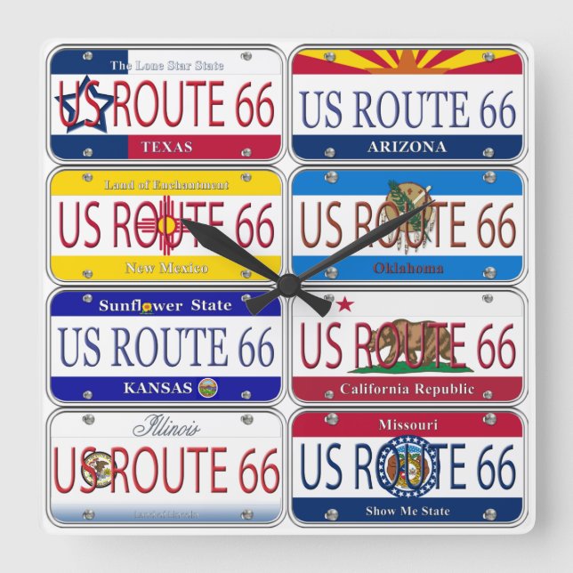 Relógio Quadrado US ROUTE 66 Todos os 8 Estados Vanity Plates (Frente)
