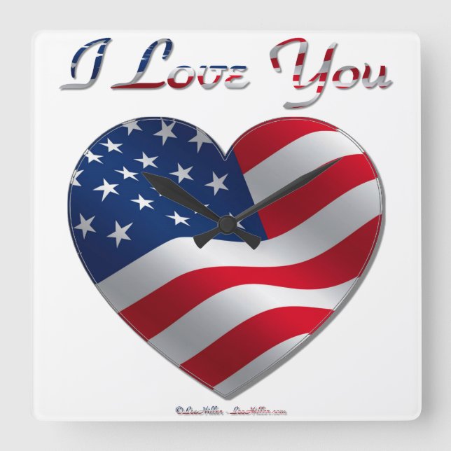 Relógio Quadrado USA Flag Heart I Love You (Frente)