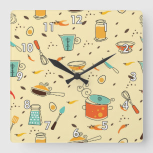 Relógio Quadrado Utensílios de cozinha, bonitos e coloridos