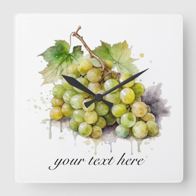 Relógio Quadrado Uvas de aquarela, personalizadas (Frente)