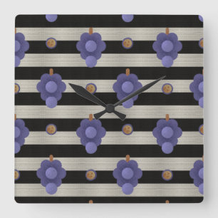 Relógio Quadrado Uvas Listras Modernas Preto e Branco