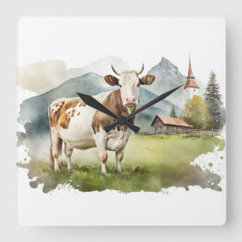 Relógio Quadrado Vaca De Aquarela Em Vale De Montanha
