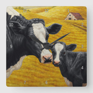Relógio Quadrado Vacas de Holstein e Madeira Antiga