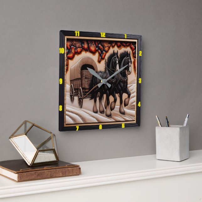 Relógio Quadrado Vagão de Neve: Clydesdale de Madeira Charred Perso (Escritório)