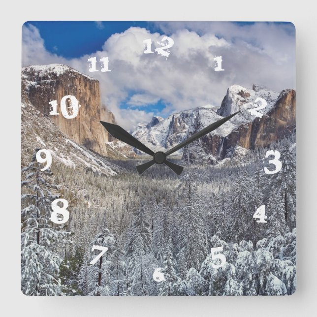 Relógio Quadrado Vale de Yosemite na neve (Frente)