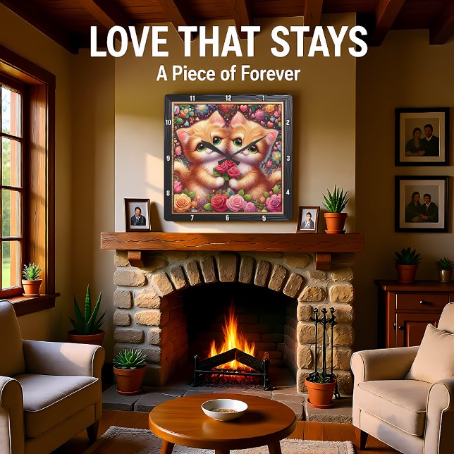 Relógio Quadrado Valentine Kitten Couple Rose Wall (Criador carregado)