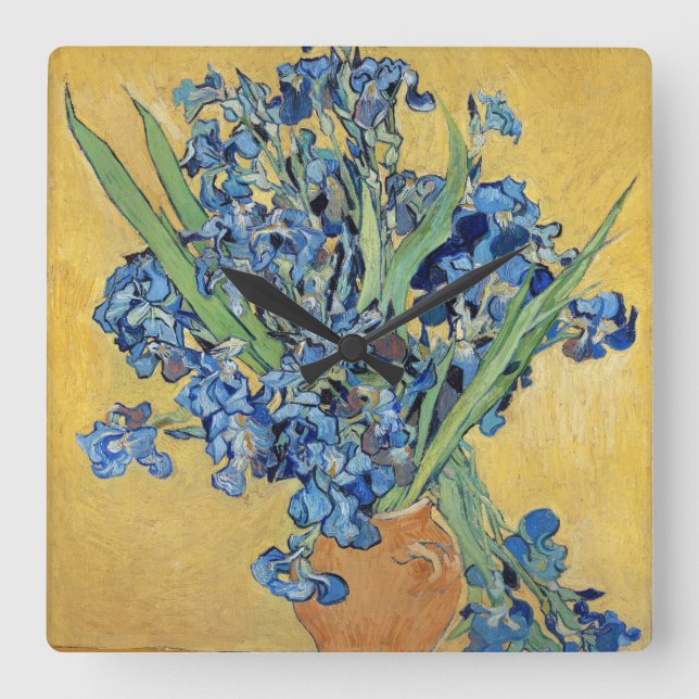 Relógio Quadrado Van Gogh Irises Vase Dourada Wall Blue Flowers Art (Frente)